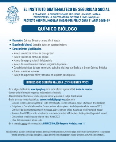 Convocatoria para la plaza de Químico Biólogo en el Hospital Modular, Unidad Periférica Z.11 área COVID-19
