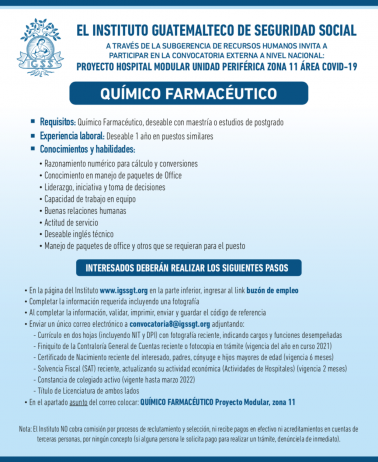 Convocatoria para la plaza de Químico Farmacéutico en el Hospital Modular, Unidad Periférica Z.11 área COVID-19