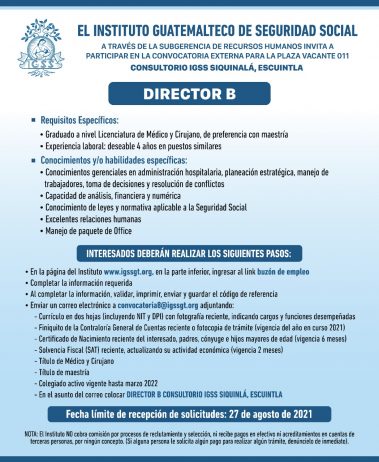 Convocatoria para la plaza de Director B del Consultorio Siquinalá, Escuintla