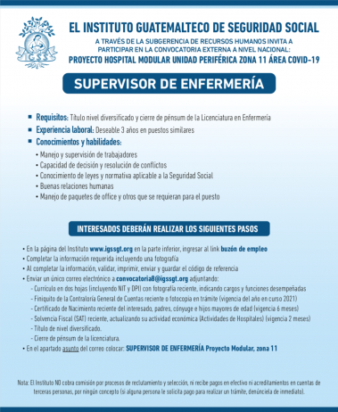 Convocatoria para la plaza de Supervisor de Enfermería en el Hospital Modular, Unidad Periférica Z.11 área COVID-19