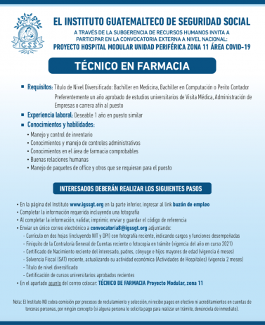 Convocatoria para la plaza de Técnico en Farmacia en el Hospital Modular, Unidad Periférica Z.11 área COVID-19