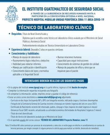 Convocatoria para la plaza de Técnico de Laboratorio Clínico en el Hospital Modular, Unidad Periférica Z.11 área COVID-19