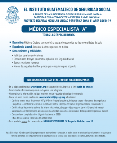 Convocatoria para la plaza de Médico Especialista A (Todas las especialidades) en el Hospital Modular, Unidad Periférica Z.11 área COVID-19