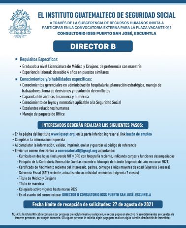 Convocatoria para la plaza de Director B del Consultorio Puerto San José, Escuintla