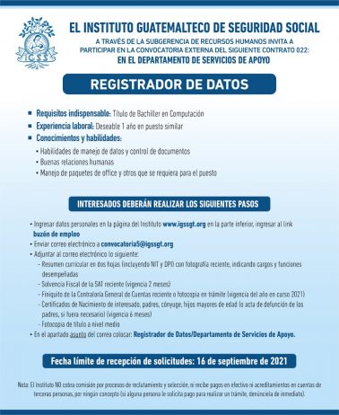 El IGSS invita a participar en la convocatoria para la plaza de Registrador de Datos