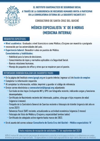 El IGSS invita a participar en la convocatoria para la plaza de Médico Especialista A (Medicina Interna)