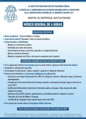 El IGSS invita a participar en la convocatoria para la plaza: Médico General en el Hospital de Coatepeque, Quetzaltenango
