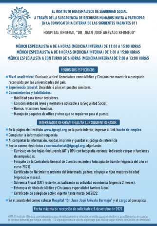 El IGSS invita a participar en la convocatoria para plazas de Médicos en el Hospital General Dr. Juan José Arévalo Bermejo