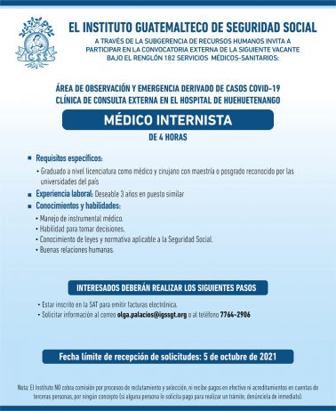 El IGSS invita a participar en la convocatoria para la plaza de Médico Internista (4 horas) en el Hospital de Huehuetenango