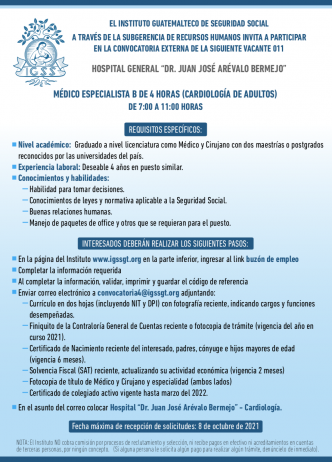 El IGSS invita a participar en la convocatoria para la plaza de Médico Especialista (Cardiología) en el Hospital General Dr. Juan José Arévalo Bermejo