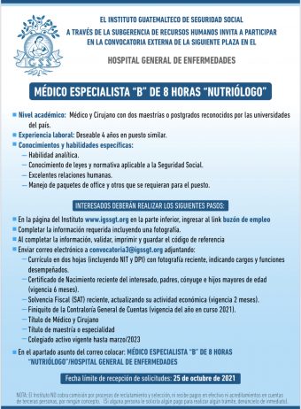 El IGSS invita a participar en la convocatoria para la plaza: Médico Especialista B Nutriólogo