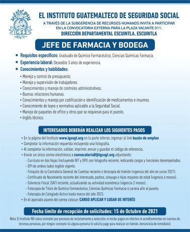 El IGSS invita a participar en la convocatoria para la plaza: Jefe de Farmacia y Bodega