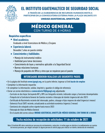 El IGSS invita a participar en la convocatoria para la plaza: Médico General en la Unidad Asistencial Amatitlán