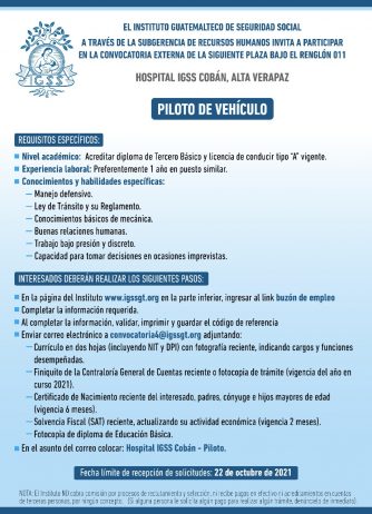 El IGSS invita a participar en la convocatoria para la plaza: Piloto de Vehículo