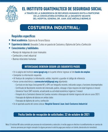 El IGSS invita a participar en la convocatoria para la plaza: Costurera Industrial