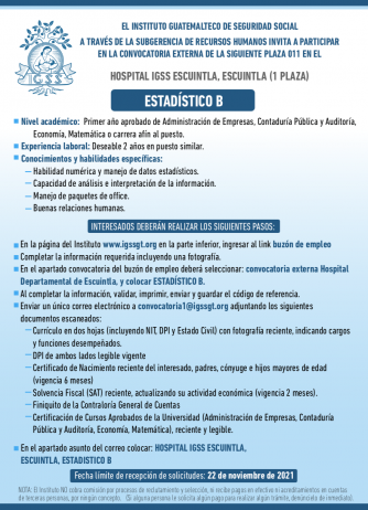 El IGSS invita a participar en la convocatoria para la plaza: Estadístico B
