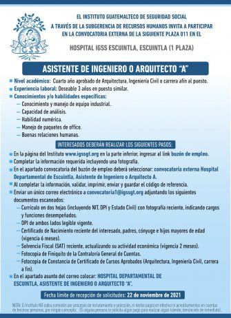 El IGSS invita a participar en la convocatoria para la plaza: Asistente de Ingeniero o Arquitecto A