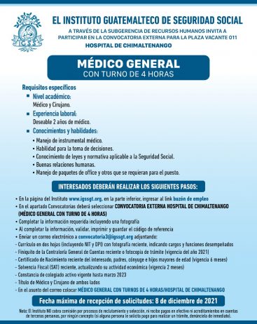 El IGSS invita a participar en la convocatoria para la plaza: Médico General (turno de 4 horas)