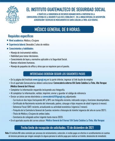 El IGSS invita a participar en la convocatoria para la plaza: Médico General (8 horas)