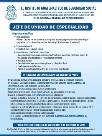 El IGSS invita a participar en la convocatoria para la plaza: Jefe de Unidad de Especialidad