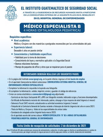 El IGSS invita a participar en la convocatoria para la plaza: Médico Especialista B, 4 horas (Oftalmología Pediátrica)