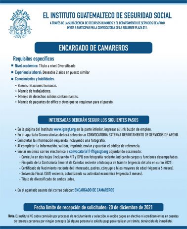 El IGSS invita a participar en la convocatoria para la plaza: Encargado de camareros