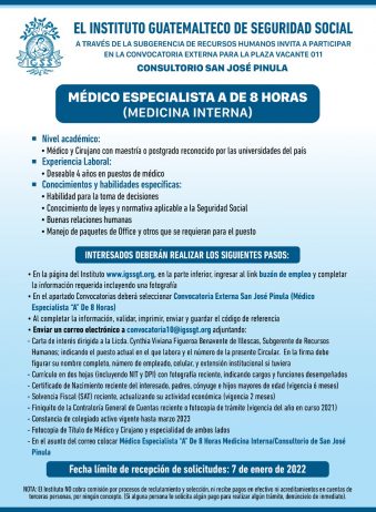 El IGSS invita a participar en la convocatoria para la plaza: Médico Especialista A, 8 horas (Medicina Interna)