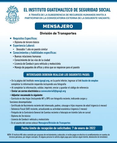 El IGSS invita a participar en la convocatoria para la plaza: Mensajero