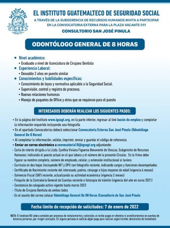El IGSS invita a participar en la convocatoria para la plaza: Odontólogo General de 8 horas