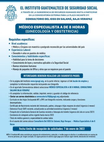 El IGSS invita a participar en la convocatoria para la plaza: Médico Especialista A, 8 horas (Ginecología y Obstetricia)