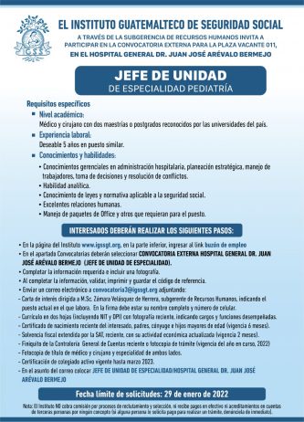 El IGSS invita a participar en la convocatoria para la plaza: Jefe de Unidad de Especialidad Pediatría