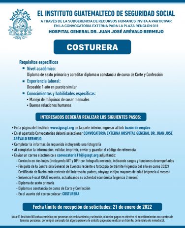 El IGSS invita a participar en la convocatoria para la plaza: Costurera