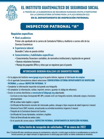El IGSS invita a participar en la convocatoria para la plaza: Inspector Patronal A