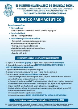 El IGSS invita a participar en la convocatoria para la plaza: Químico Farmacéutico