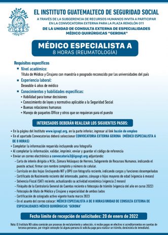 El IGSS invita a participar en la convocatoria para la plaza: Médico Especialista A (Reumatología)