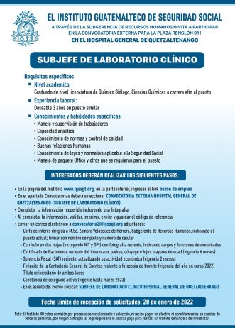 El IGSS invita a participar en la convocatoria para la plaza: Subjefe de Laboratorio Clínico