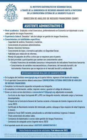 El IGSS invita a participar en la convocatoria para la plaza: Asistente Administrativo C
