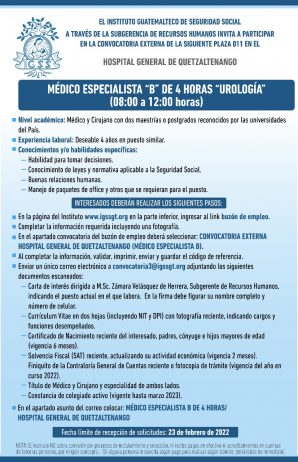 El IGSS invita a participar en la convocatoria para la plaza: Médico Especialista B Urología