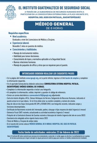 El IGSS invita a participar en la convocatoria para la plazas: Médico General de 8 horas