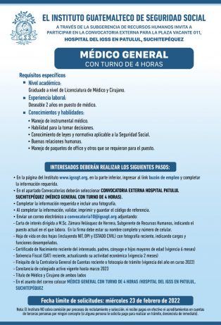 El IGSS invita a participar en la convocatoria para la plazas: Médico General con turno de 4 horas
