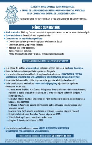 El IGSS invita a participar en la convocatoria para la plaza: Médico Supervisor