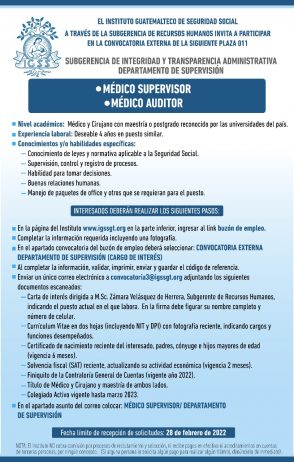 El IGSS invita a participar en la convocatoria para la plaza: Médico Supervisor – Médico Auditor
