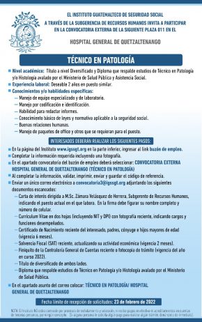 El IGSS invita a participar en la convocatoria para la plaza: Técnico en Patología