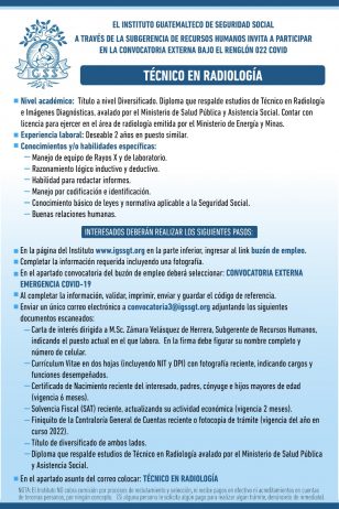 El IGSS invita a participar en la convocatoria para la plaza: Técnico en Radiología