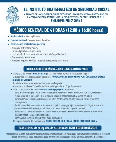 El IGSS invita a participar en la convocatoria para la plaza: Médico General de 4 Horas