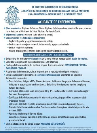 El IGSS invita a participar en la convocatoria para la plaza: Ayudante de enfermería
