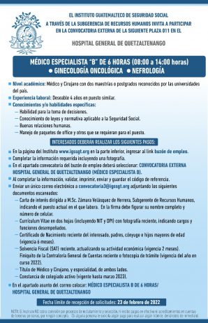 El IGSS invita a participar en la convocatoria para la plazas: Médico Especialista B Ginecología Oncológica – Nefrología