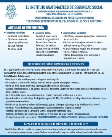 El IGSS invita a participar en la convocatoria para la plaza: Auxiliar de Enfermería