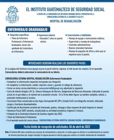 El IGSS invita a participar en la convocatoria para la plaza: Enfermera/o Graduada/o