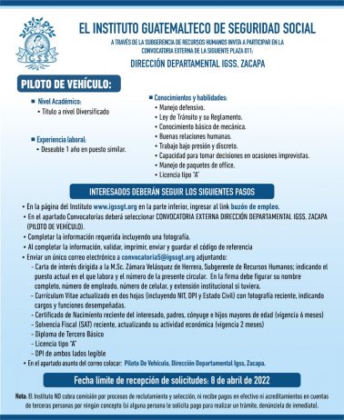 El IGSS invita a participar en la convocatoria para la plaza: Piloto de vehículo